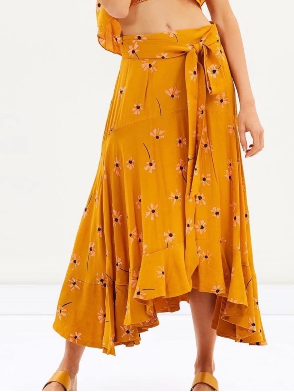 Faithfull the Brand Mustard Floral Tie-Waist Midi Skirt